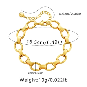 Golden link bracelet detail showing lobster clasp, adjustable chain, and precise dimensions