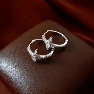 Starburst Hoop Earrings Micro Pave Zircon Eight Pointed Star Copper Silver Tone Elegant Jewelry For Women