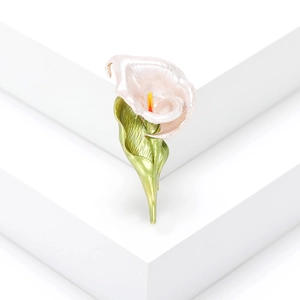 Elegant pink Calla Lily enamel brooch with green stem on a clean white background