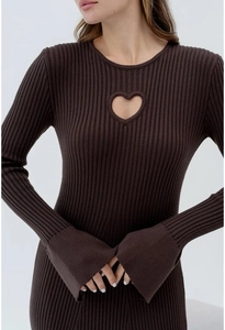 Detail of heart-shaped cutout on the chest of a brown ribbed knit midi dress