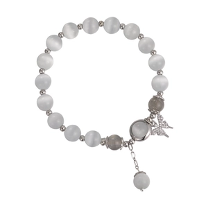 Cat eye stone bead bracelet with a silver butterfly charm on a clean white background