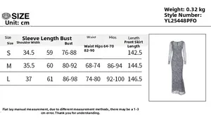 Detailed size chart with measurements for the square neck polka dot long sleeve dress