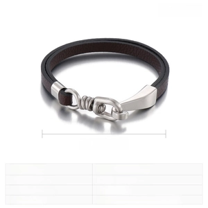 Detail view of brown leather cord bracelet with stainless steel hook clasp and dimensions