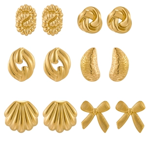 Elegant six-pair set of gold plated stainless steel bow and textured stud earrings