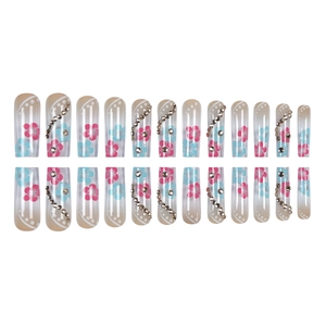 24pcs long coffin press on nails with floral patterns and sparkling rhinestones