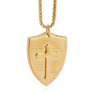 Shield Cross Pendant Necklace Stainless Steel Religious Bible Verse Scripture Engraved Hip Hop Jewelry For Men Women