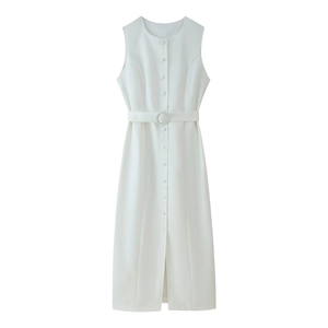 Elegant white sleeveless single-breasted maxi dress with matching belted waist