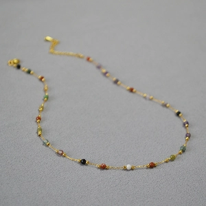 Golden titanium steel necklace featuring colorful natural stone beads and lobster clasp