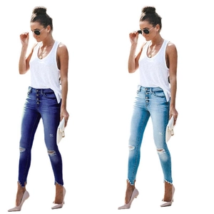 Women's high waist skinny ripped jeans in dark blue and light blue with frayed hems