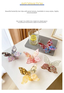 Detailed size view of five acetate butterfly hair claws showing 11x9.5x5cm dimensions