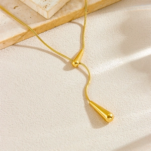 Elegant gold Y-shaped stainless steel snake chain necklace with waterdrop pendants