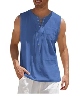 Detailed close-up of blue cotton linen vest featuring V-neck lace-up and chest pocket