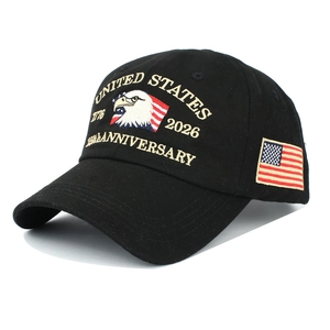 Detailed embroidery of U.S. 250th anniversary on a black cotton twill baseball cap