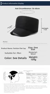 Size chart and dimensions guide for men's flat top fleece-lined winter hat with measurements