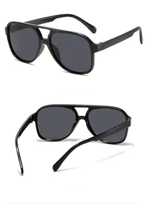 Dual-beam oversized aviator sunglasses with glossy black frames and dark grey lenses
