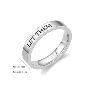 Detailed view of LET THEM engraved silver-tone titanium steel band ring with 4mm width