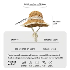 Straw beach hat with lace trim and size parameters showing 11cm brim and foldable design