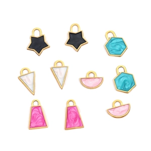 Set of 10 gold plated enamel lock pendants in star, hexagon, triangle and semi-circle shapes