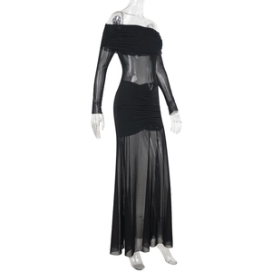 Detailed view of black off-shoulder mesh maxi dress on a mannequin with slim fit design