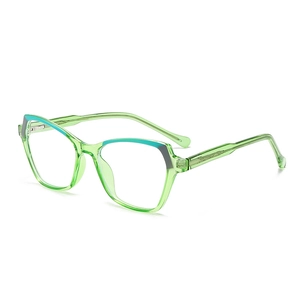 Fashionable cat-eye blue light blocking glasses in translucent green with color accents