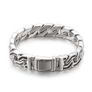 Men's punk style stainless steel bracelet with black stripes and square press clasp