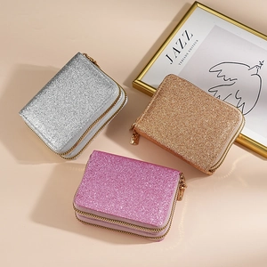 Women Double Zipper Card Holder Glitter PU Leather Wallet Multi Slots Accordion Style Coin Purse Fashion Travel Organizer