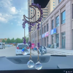 Handmade moon suncatcher with purple crystal gravel and clear glass ball car hanging