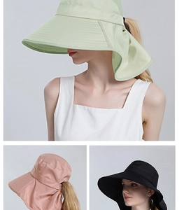 Detail of wide brim sun hat with ponytail hole and neck flap in multiple colors