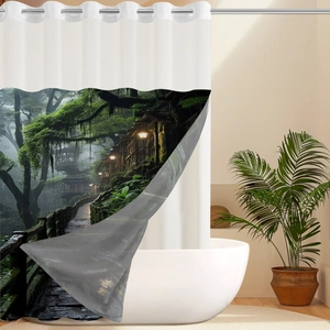 Detail of waffle forest shower curtain with silver metal grommets and hanging rings