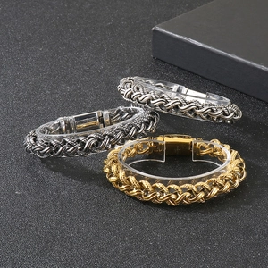 Retro punk braided curb chain bracelet in gold and silver stainless steel finish