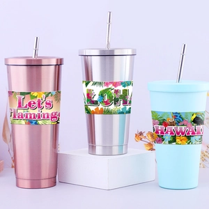 Hawaiian party water bottle stickers with Aloha and Flamingo motifs on colorful tumblers