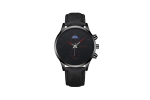 Detailed front view of black leather quartz moon phase watch with red hands and markers