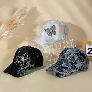 Women's mesh lace baseball cap with rhinestone butterfly in black, pink, and blue