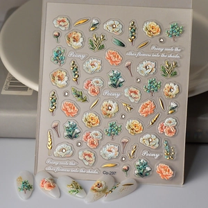 Autocollants À Ongles 5D Relief Pivoine Feuille D'or Strass Auto-Adhésifs Floraux DIY Pour Femmes Filles
