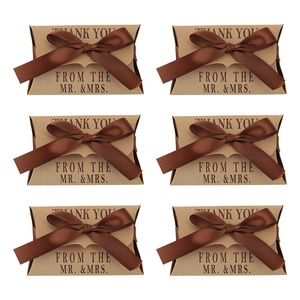 Vintage Kraft Paper Pillow Gift Boxes Brown Satin Ribbon Thank You From Mr And Mrs Wedding Party Favor Candy Packaging