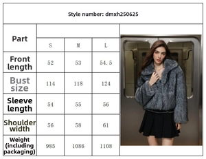 Tableau des tailles détaillé pour manteau en fausse fourrure avec mesures des manches