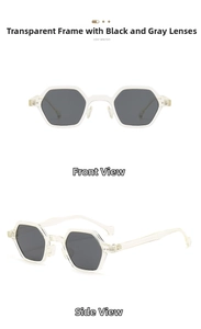 Detailed views of translucent hexagonal sunglasses with grey lenses in front and side angles