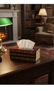 Detail einer Vintage-Taschentuchbox in Buchform mit Goldprägung und geschichteter Buchseitenoptik