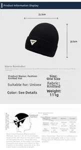Size chart for knit beanie showing 21.5x20.5cm dimensions and head measurement guide