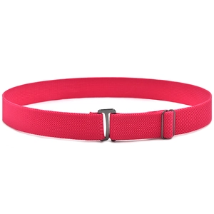 Close-up of pink elastic woven children belt with adjustable black metal buckle detail