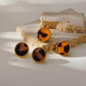 Retro geometric leopard print stainless steel earrings with gold metal bezel on stone