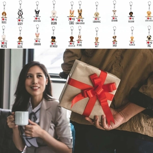 Detailed grid of 20 cartoon dog breed acrylic keychains with gift-giving scene below