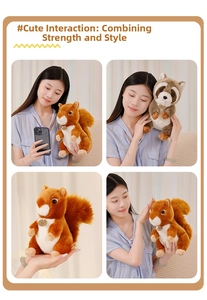 Close-up of cute plush squirrel and raccoon dolls with decorative tags in a cozy setting