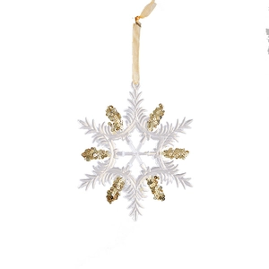 Acrylic Christmas snowflake ornament with gold glitter edges and hanging ribbon