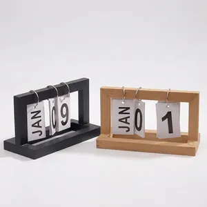 Wooden Perpetual Flip Calendar Desktop Manual Date Month Display Vintage Wood Ornament Home Office Decor