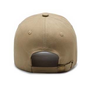 Rear view of khaki cotton twill baseball cap with adjustable antique bronze metal buckle