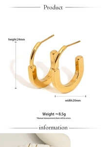 Detailed size view of golden U-shape earrings showing 24mm height and 20mm width