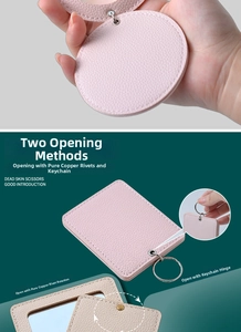Detail of portable PU leather makeup mirror with copper rivets and metal keychain attachment