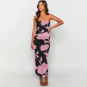 Detail of ruched mesh texture and pink floral print on black strapless maxi dress