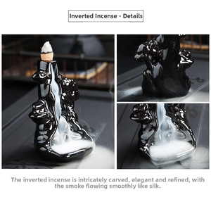 Macro detail of hand-carved black ceramic backflow incense burner with waterfall smoke